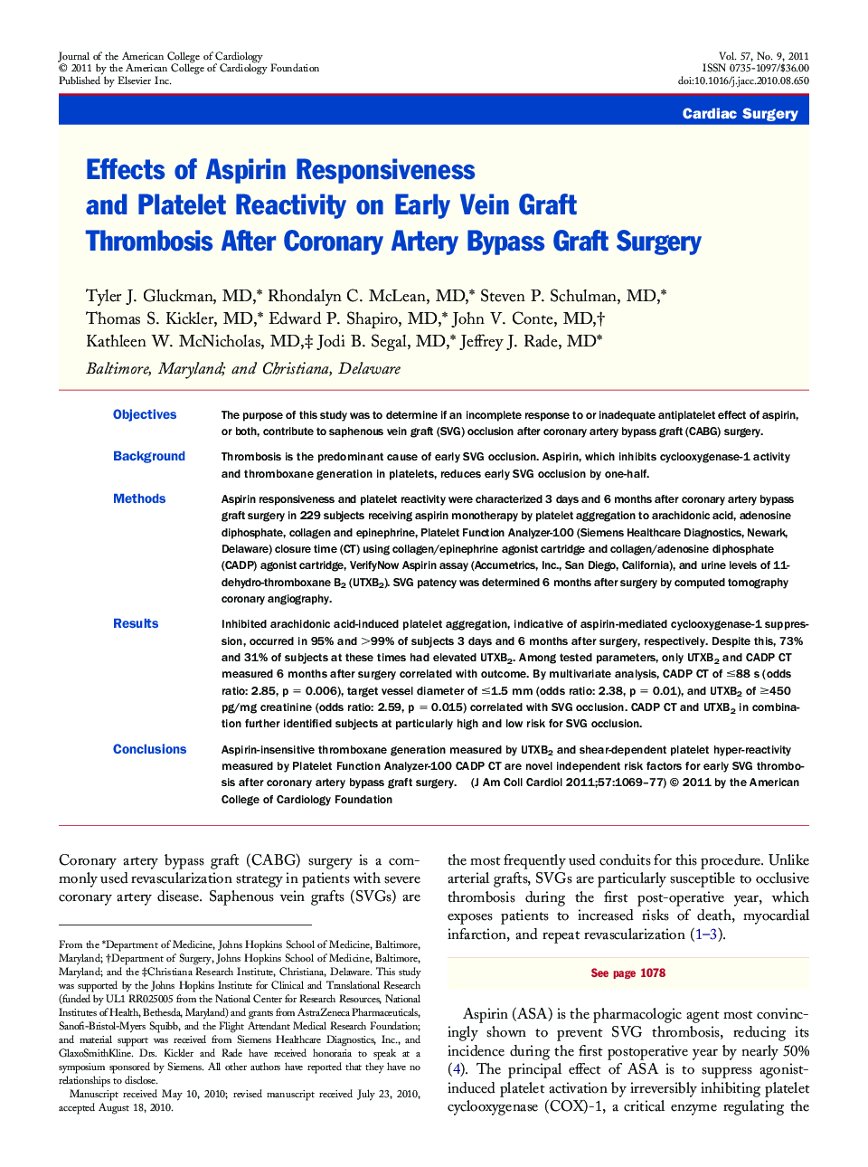 Effects of Aspirin Responsiveness and Platelet Reactivity on Early Vein Graft Thrombosis After Coronary Artery Bypass Graft Surgery 