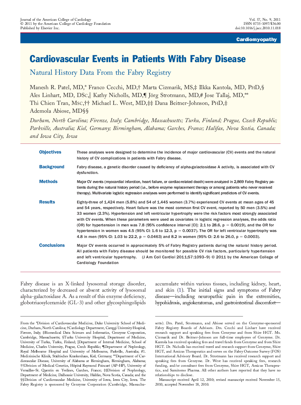 Cardiovascular Events in Patients With Fabry Disease : Natural History Data From the Fabry Registry