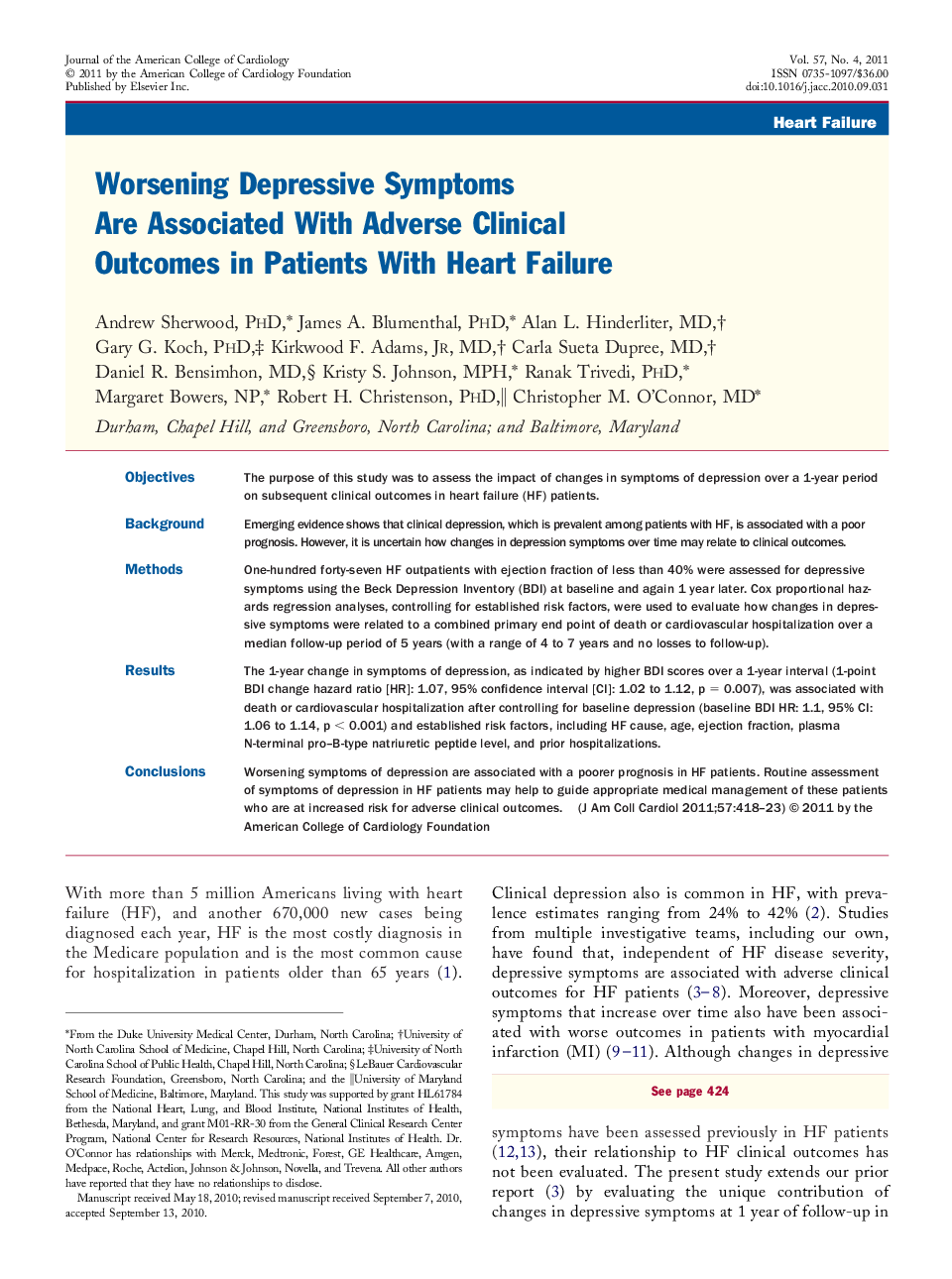 Worsening Depressive Symptoms Are Associated With Adverse Clinical Outcomes in Patients With Heart Failure 