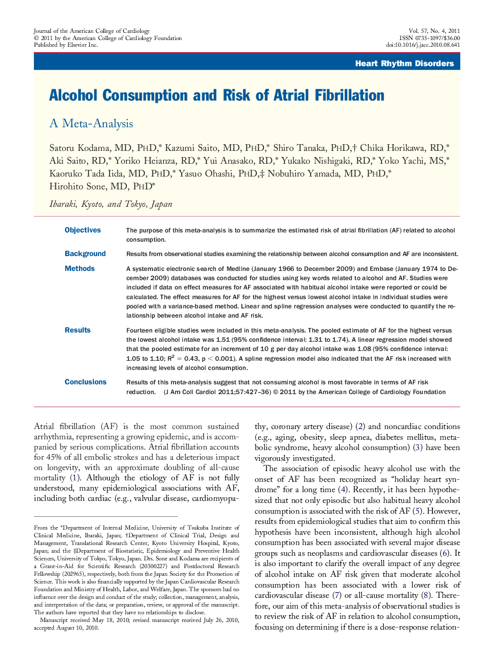 Alcohol Consumption and Risk of Atrial Fibrillation : A Meta-Analysis