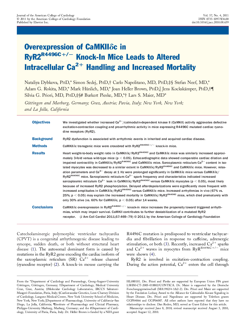 Overexpression of CaMKIIδc in RyR2R4496C+/− Knock-In Mice Leads to Altered Intracellular Ca2+ Handling and Increased Mortality 