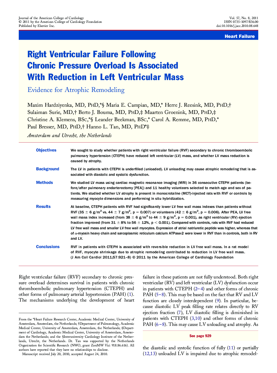 Right Ventricular Failure Following Chronic Pressure Overload Is Associated With Reduction in Left Ventricular Mass : Evidence for Atrophic Remodeling