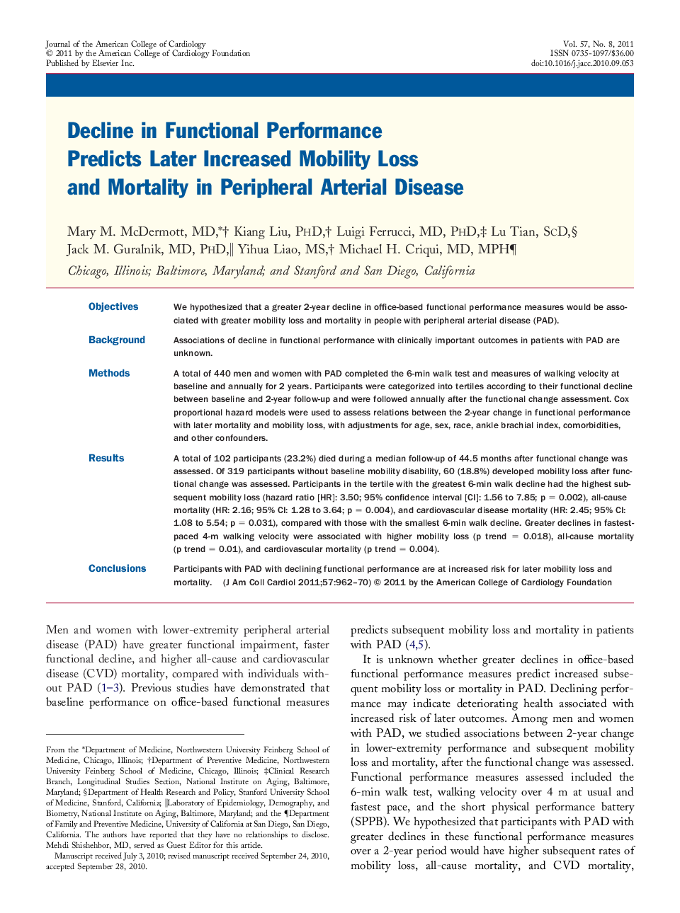 Decline in Functional Performance Predicts Later Increased Mobility Loss and Mortality in Peripheral Arterial Disease 