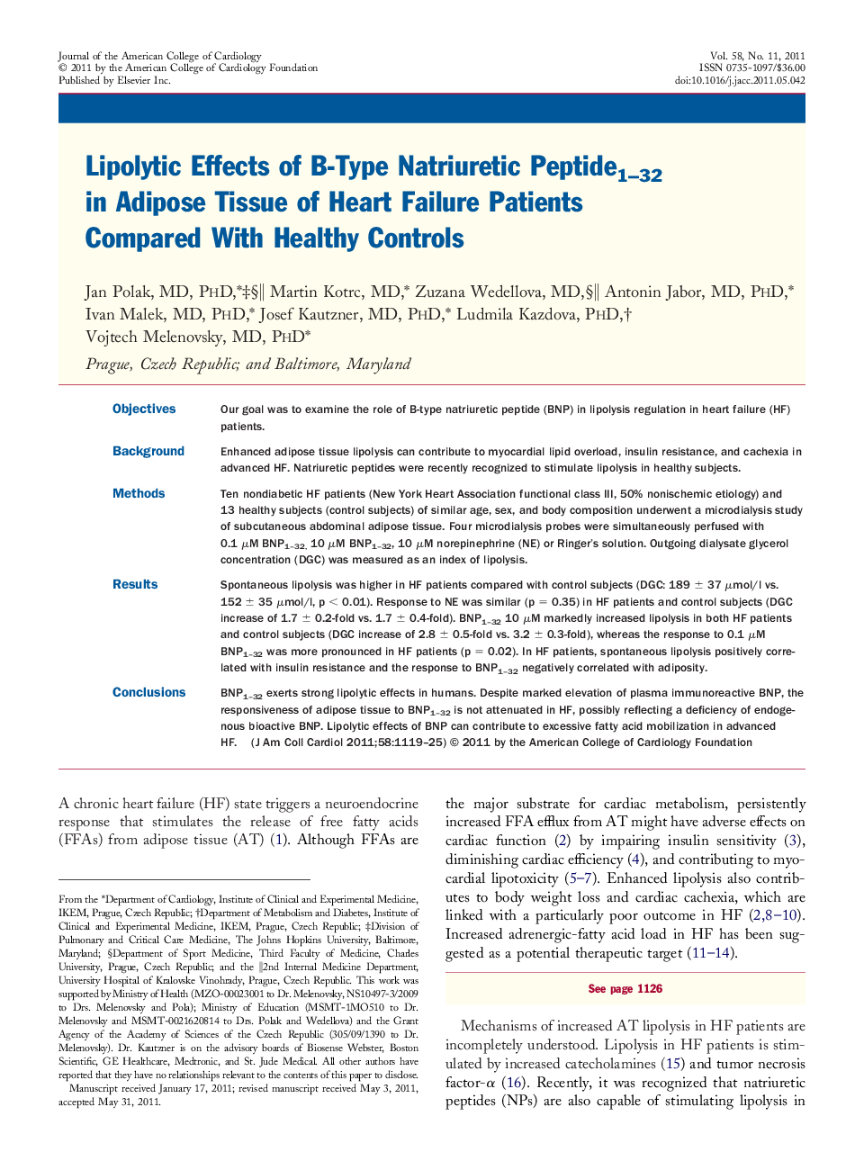 Lipolytic Effects of B-Type Natriuretic Peptide1–32 in Adipose Tissue of Heart Failure Patients Compared With Healthy Controls 
