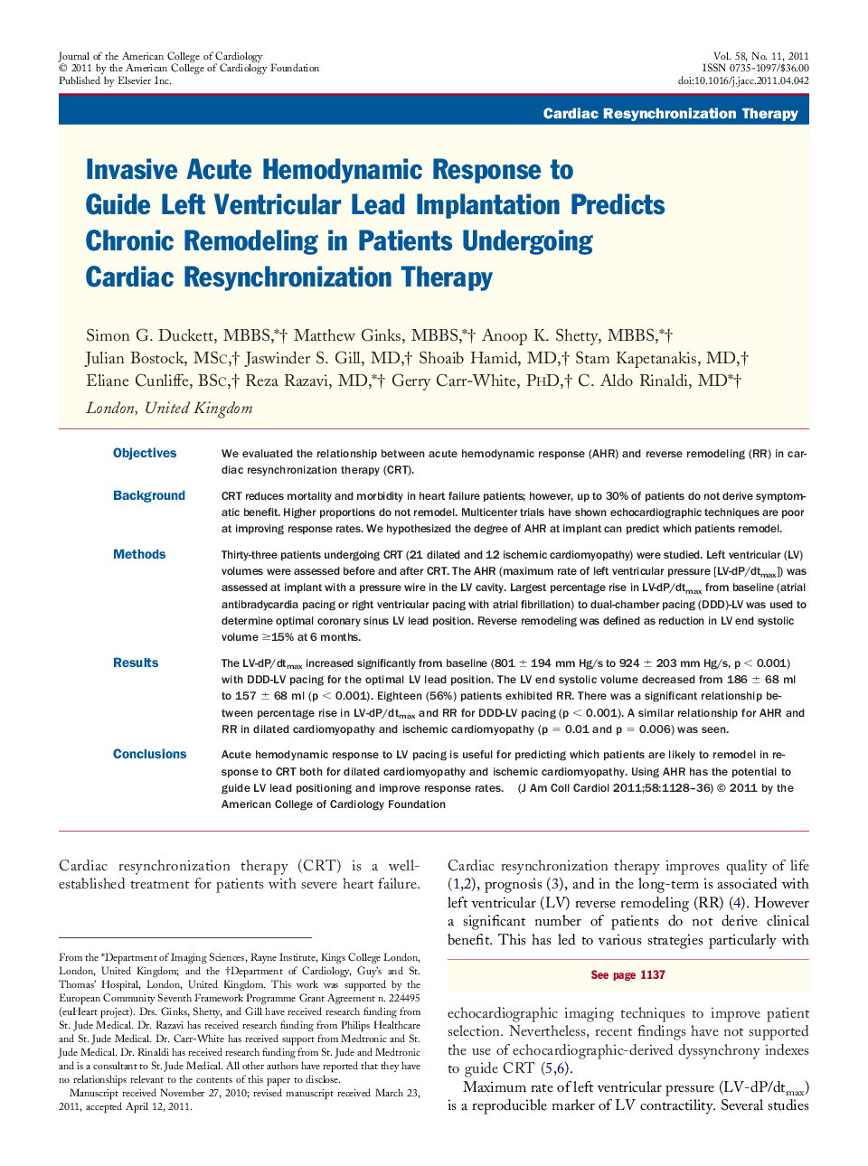 Invasive Acute Hemodynamic Response to Guide Left Ventricular Lead Implantation Predicts Chronic Remodeling in Patients Undergoing Cardiac Resynchronization Therapy 