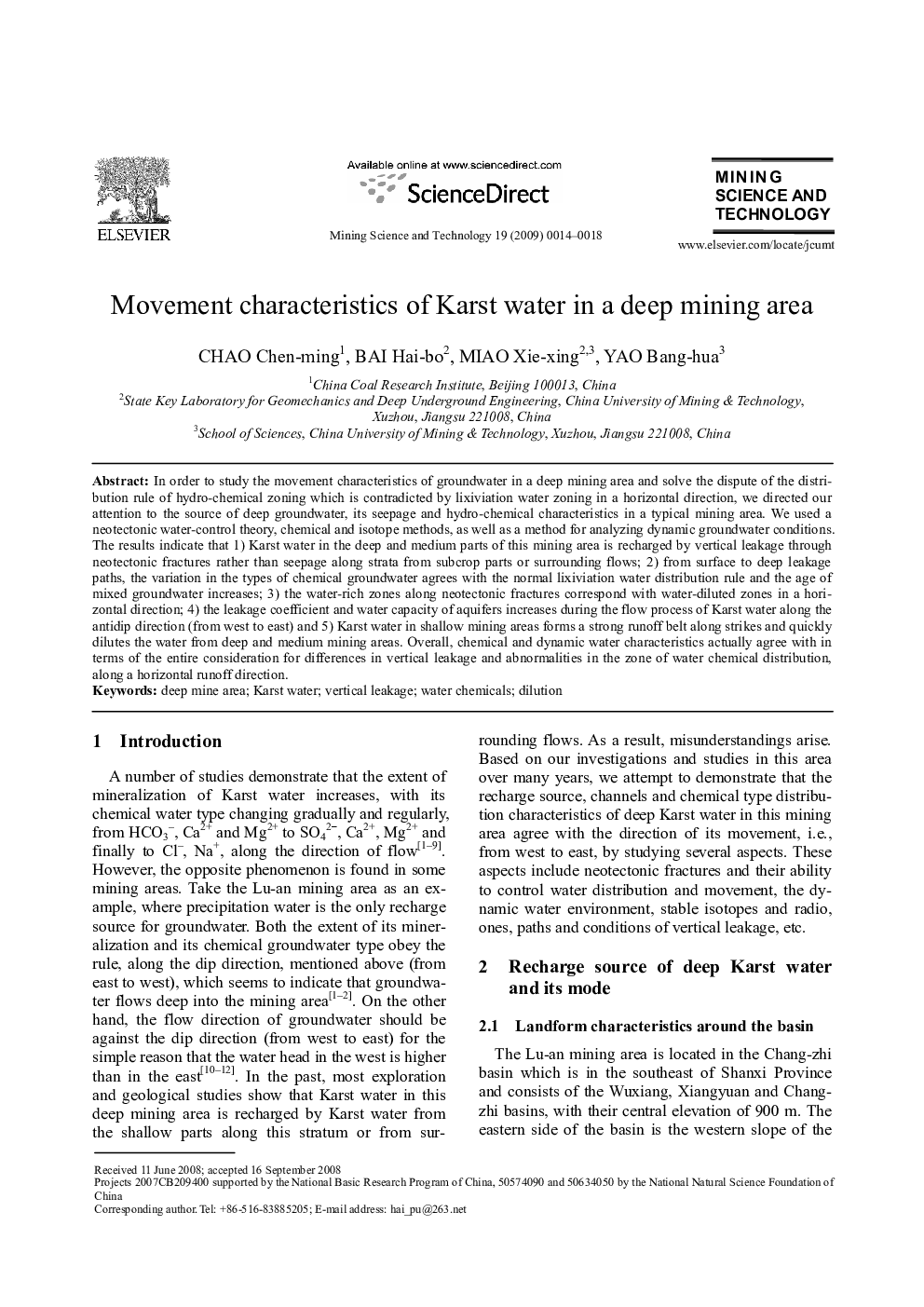 عکس صفحه اول مقاله: Movement characteristics of Karst water in a deep mining area Movement characteristics of Karst water in a deep mining area