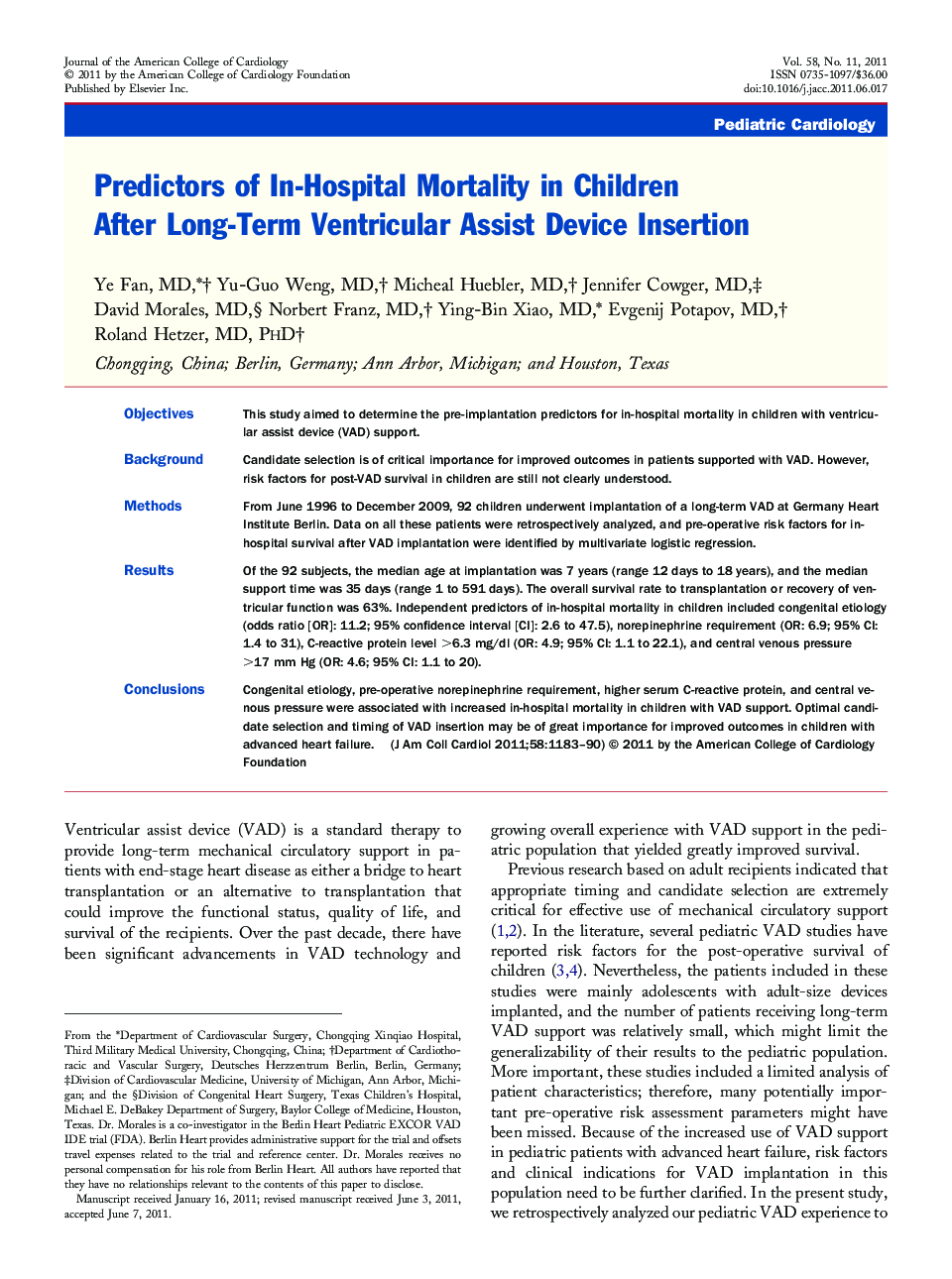 Predictors of In-Hospital Mortality in Children After Long-Term Ventricular Assist Device Insertion