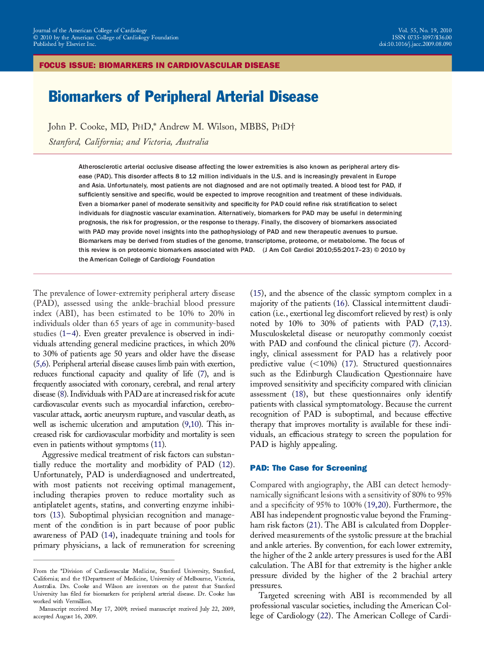 Biomarkers of Peripheral Arterial Disease 