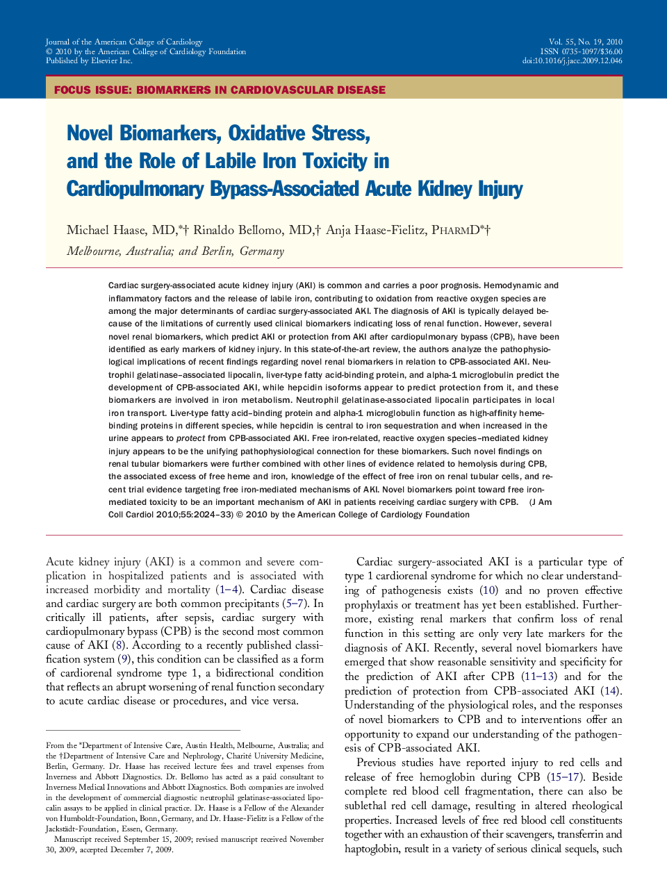 Novel Biomarkers, Oxidative Stress, and the Role of Labile Iron Toxicity in Cardiopulmonary Bypass-Associated Acute Kidney Injury 