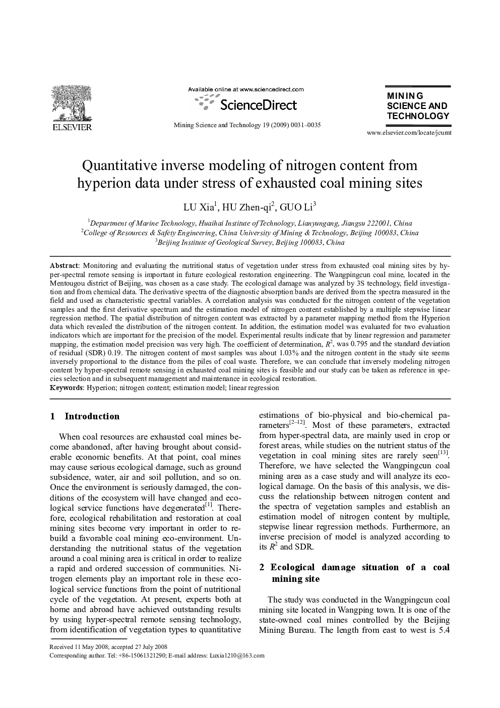 Quantitative inverse modeling of nitrogen content from hyperion data under stress of exhausted coal mining sites