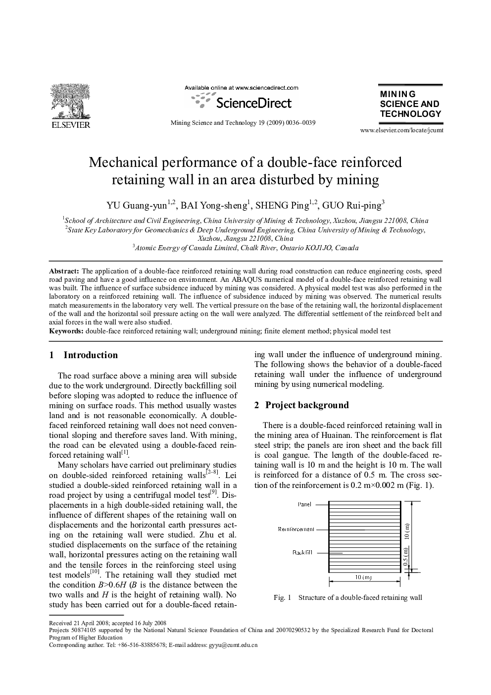عکس صفحه اول مقاله: Mechanical performance of a double-face reinforced retaining wall in an area disturbed by mining Mechanical performance of a double-face reinforced retaining wall in an area disturbed by mining