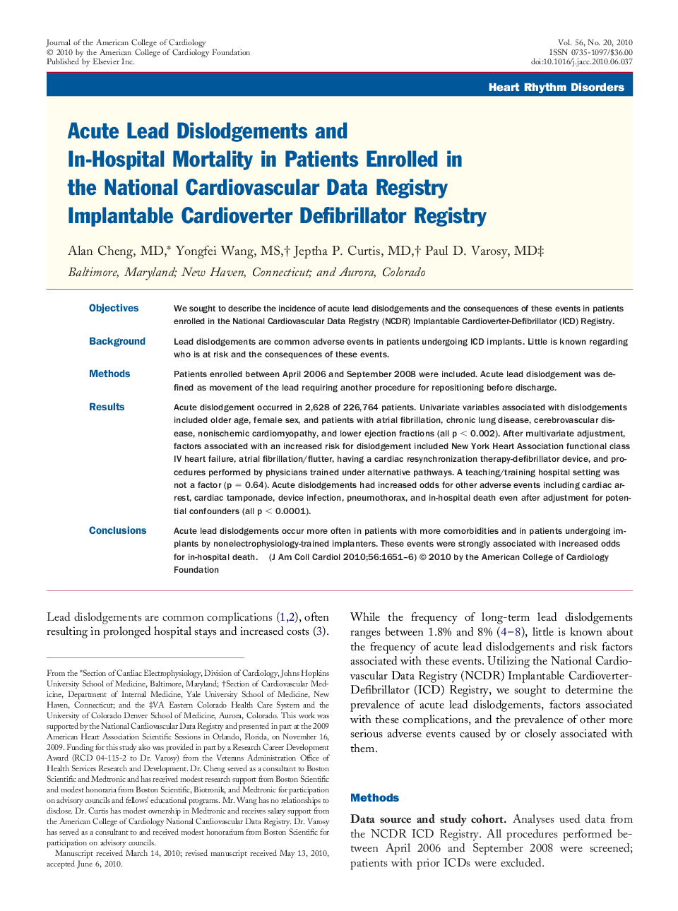 Acute Lead Dislodgements and In-Hospital Mortality in Patients Enrolled in the National Cardiovascular Data Registry Implantable Cardioverter Defibrillator Registry 