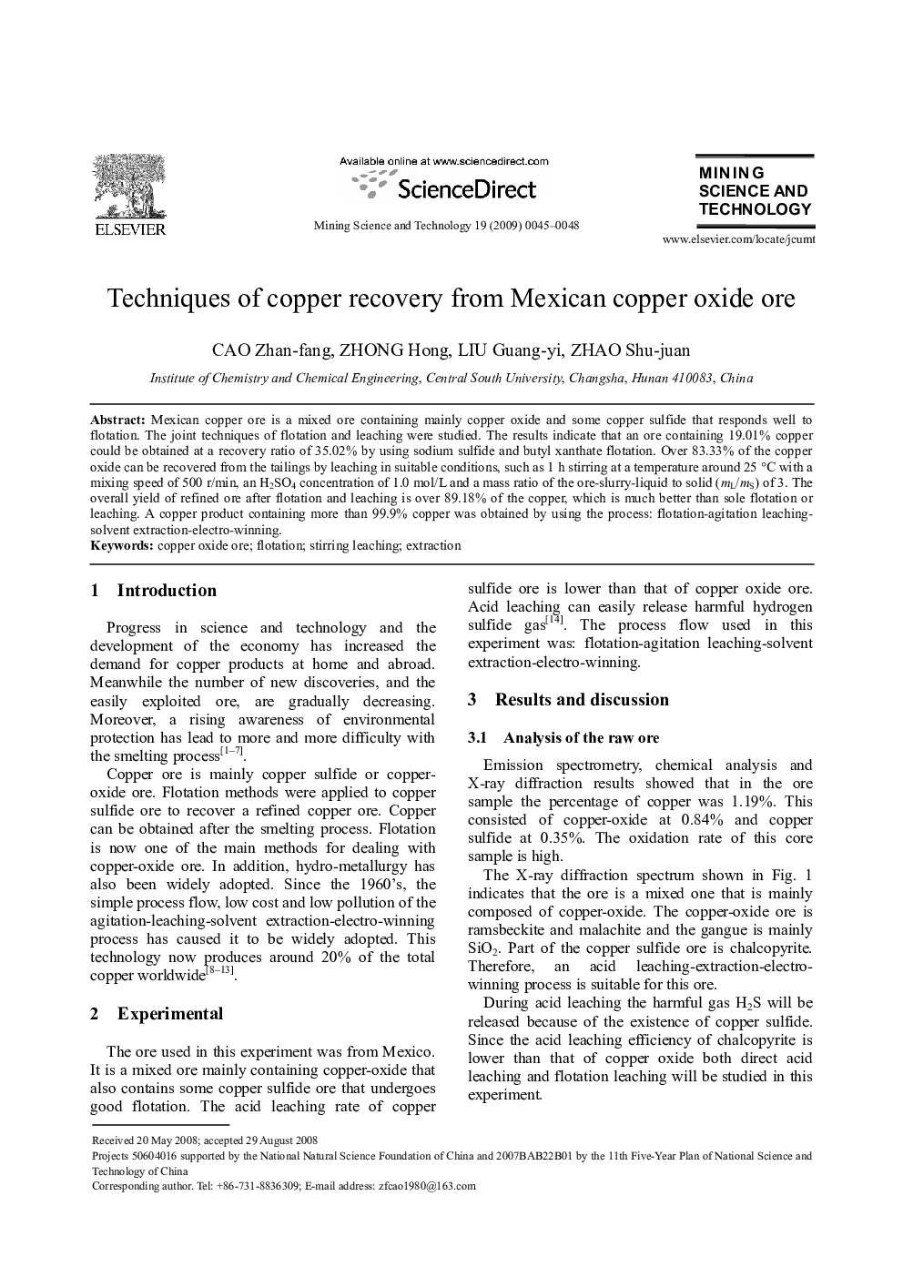 عکس صفحه اول مقاله: Techniques of copper recovery from Mexican copper oxide ore Techniques of copper recovery from Mexican copper oxide ore