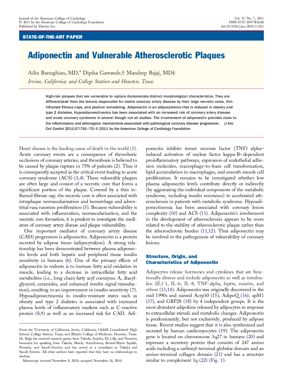 عکس صفحه اول مقاله: Adiponectin and Vulnerable Atherosclerotic Plaques Adiponectin and Vulnerable Atherosclerotic Plaques