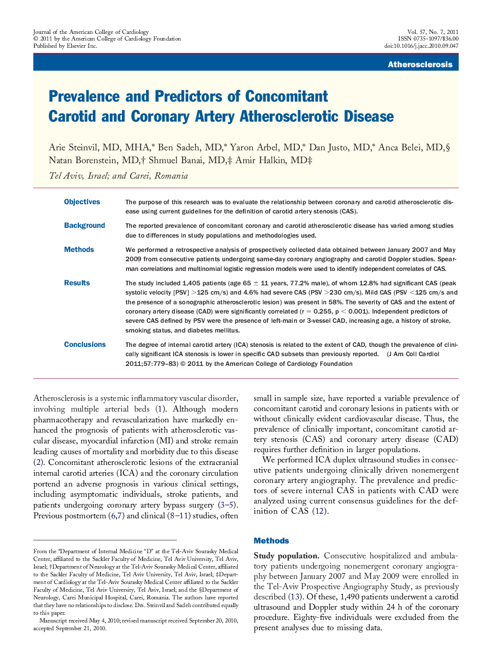 Prevalence and Predictors of Concomitant Carotid and Coronary Artery Atherosclerotic Disease 