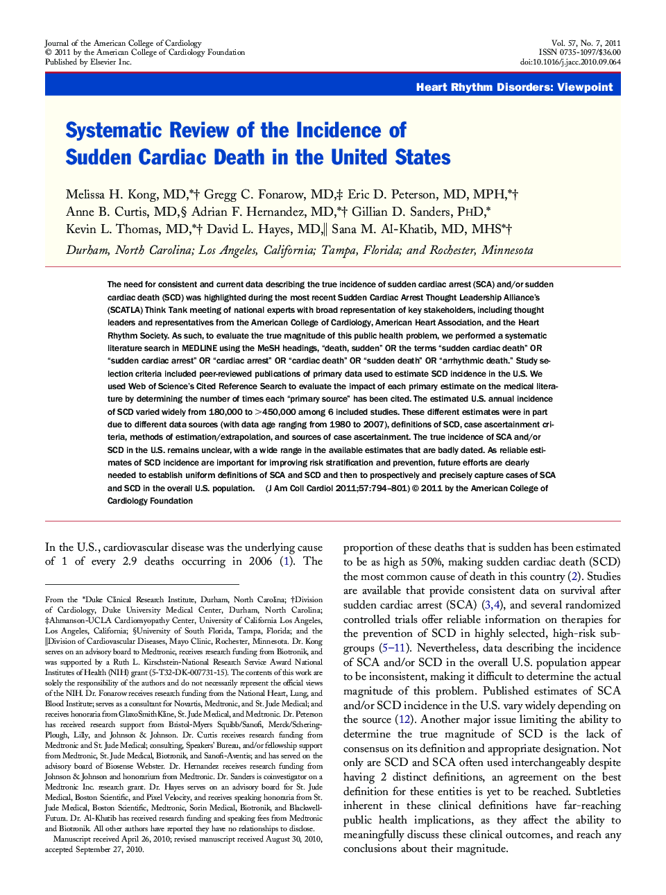 Systematic Review of the Incidence of Sudden Cardiac Death in the United States 