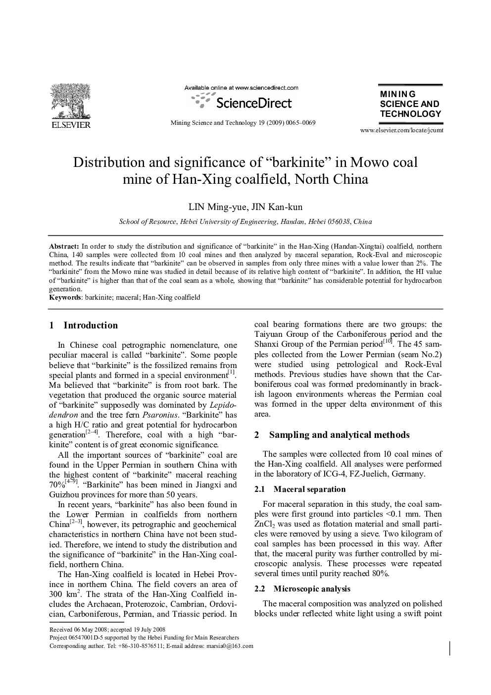 عکس صفحه اول مقاله: Distribution and significance of “barkinite” in Mowo coal mine of Han-Xing coalfield, North China Distribution and significance of “barkinite” in Mowo coal mine of Han-Xing coalfield, North China
