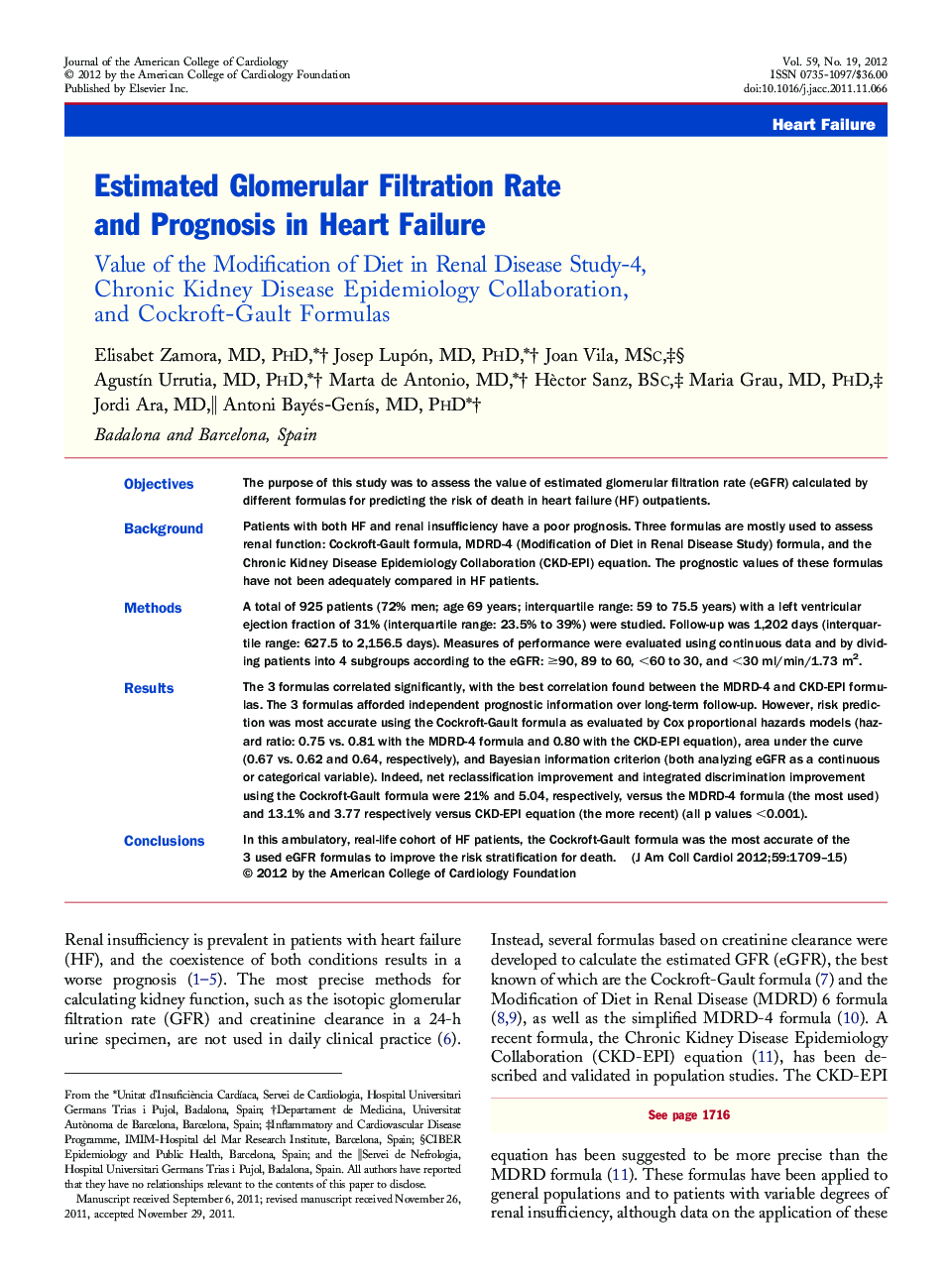 Estimated Glomerular Filtration Rate and Prognosis in Heart Failure : Value of the Modification of Diet in Renal Disease Study-4, Chronic Kidney Disease Epidemiology Collaboration, and Cockroft-Gault Formulas