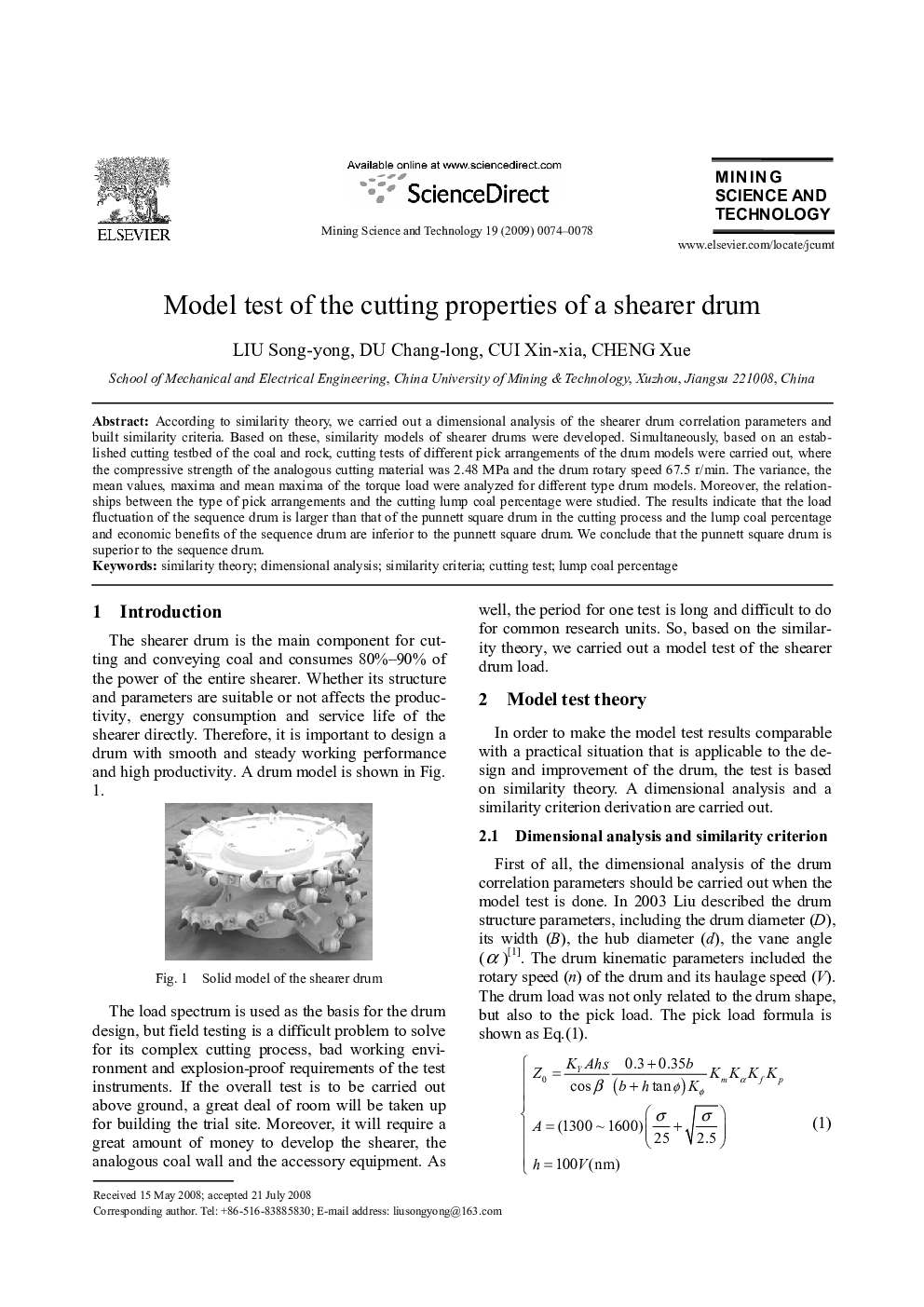 عکس صفحه اول مقاله: Model test of the cutting properties of a shearer drum Model test of the cutting properties of a shearer drum