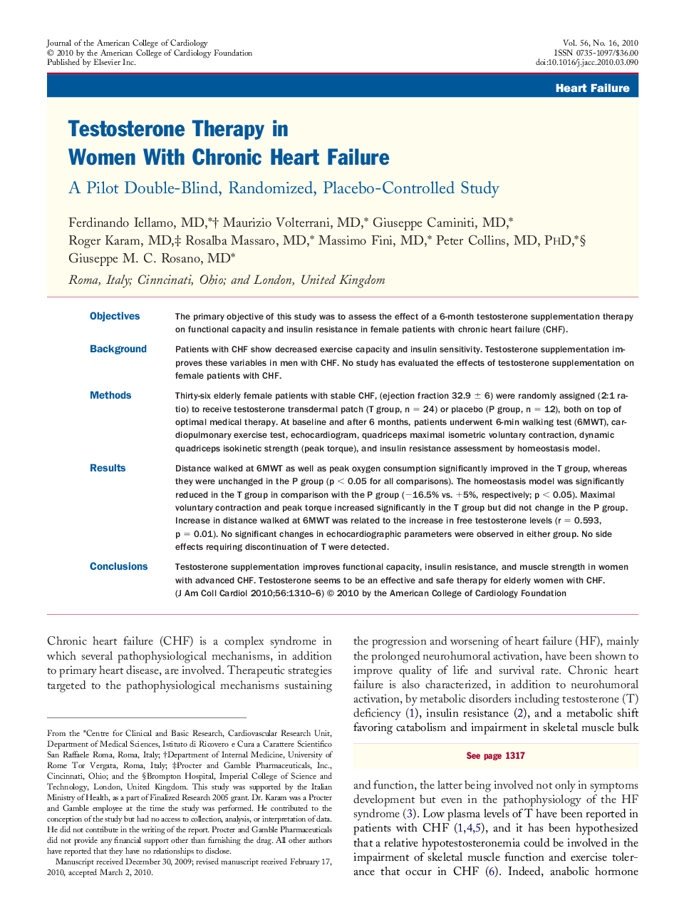 Testosterone Therapy in Women With Chronic Heart Failure : A Pilot Double-Blind, Randomized, Placebo-Controlled Study