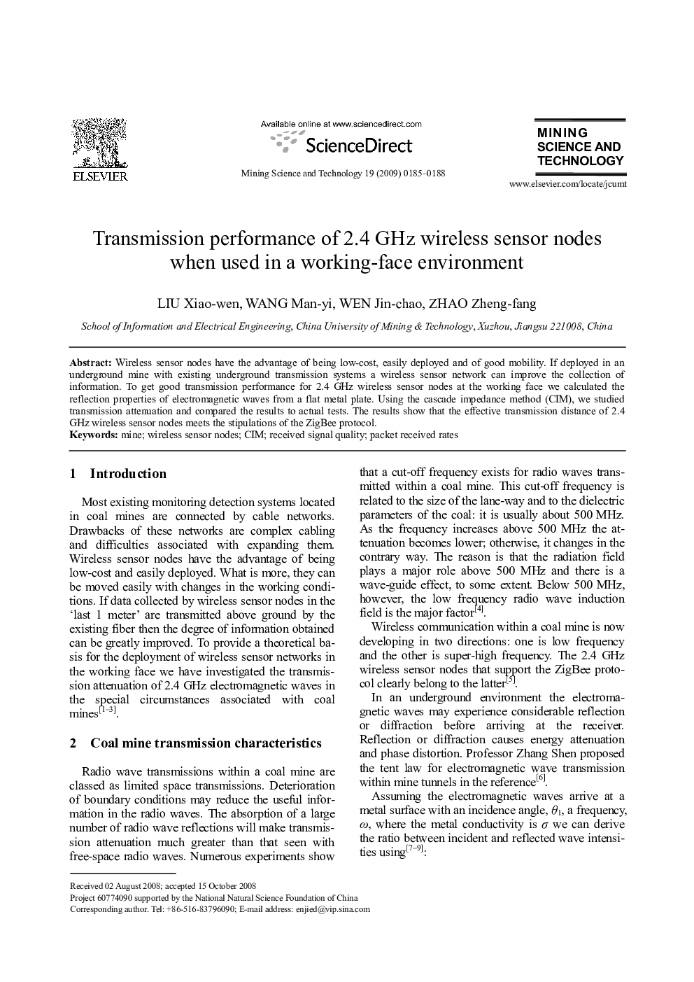 عکس صفحه اول مقاله: Transmission performance of 2.4 GHz wireless sensor nodes when used in a working-face environment Transmission performance of 2.4 GHz wireless sensor nodes when used in a working-face environment