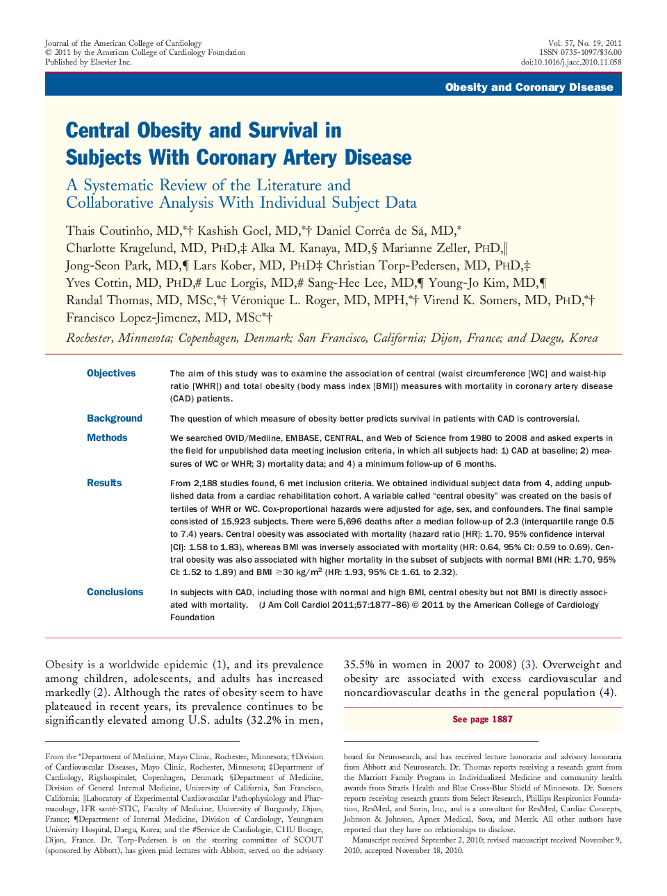 Central Obesity and Survival in Subjects With Coronary Artery Disease : A Systematic Review of the Literature and Collaborative Analysis With Individual Subject Data