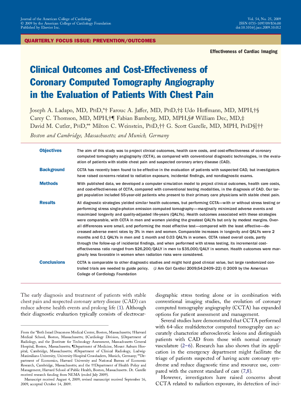 Clinical Outcomes and Cost-Effectiveness of Coronary Computed Tomography Angiography in the Evaluation of Patients With Chest Pain 