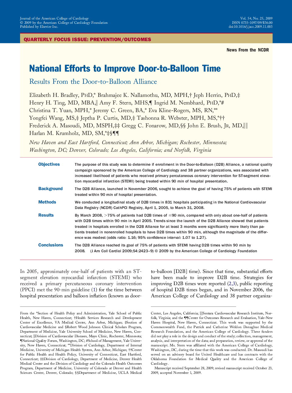 National Efforts to Improve Door-to-Balloon Time : Results From the Door-to-Balloon Alliance