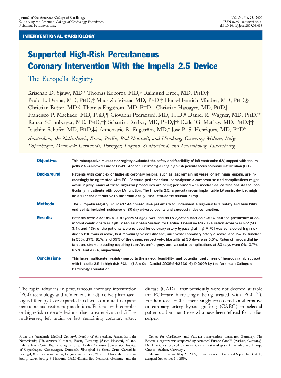 Supported High-Risk Percutaneous Coronary Intervention With the Impella 2.5 Device : The Europella Registry