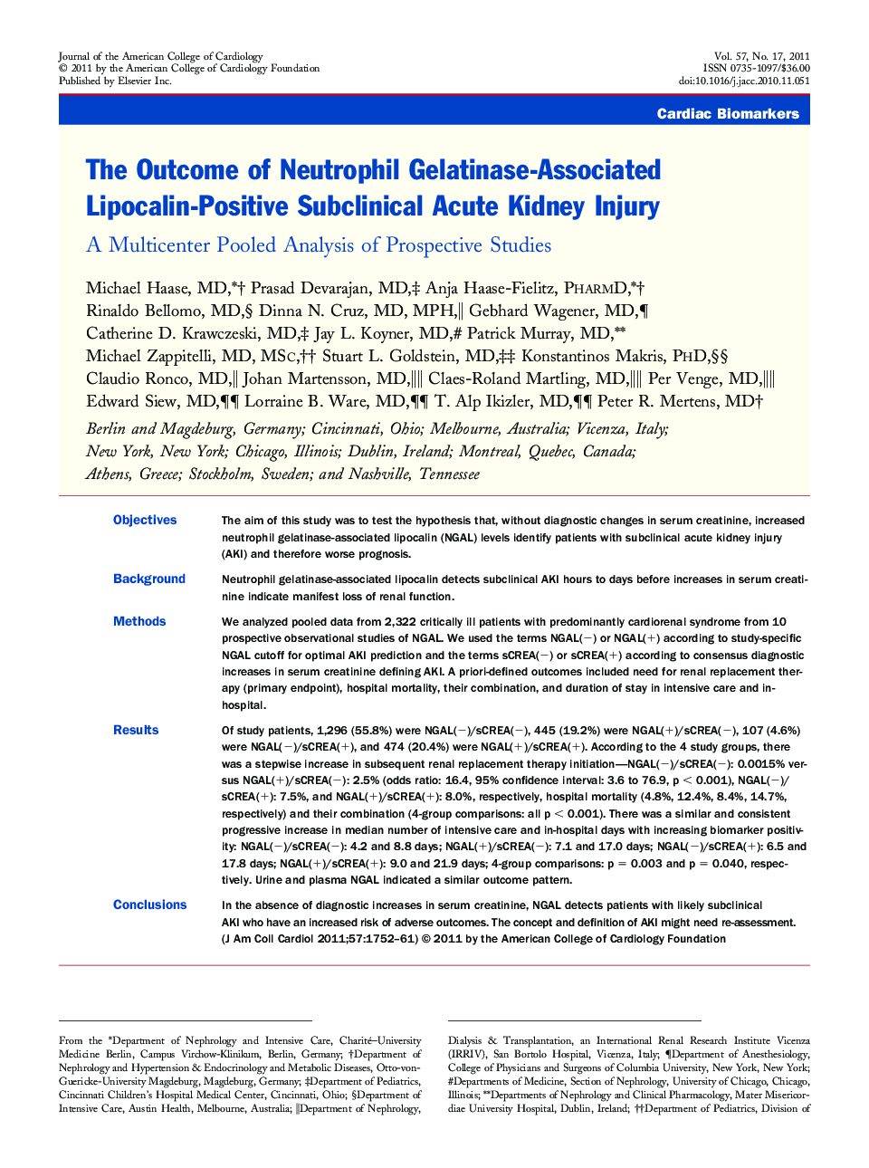 The Outcome of Neutrophil Gelatinase-Associated Lipocalin-Positive Subclinical Acute Kidney Injury : A Multicenter Pooled Analysis of Prospective Studies