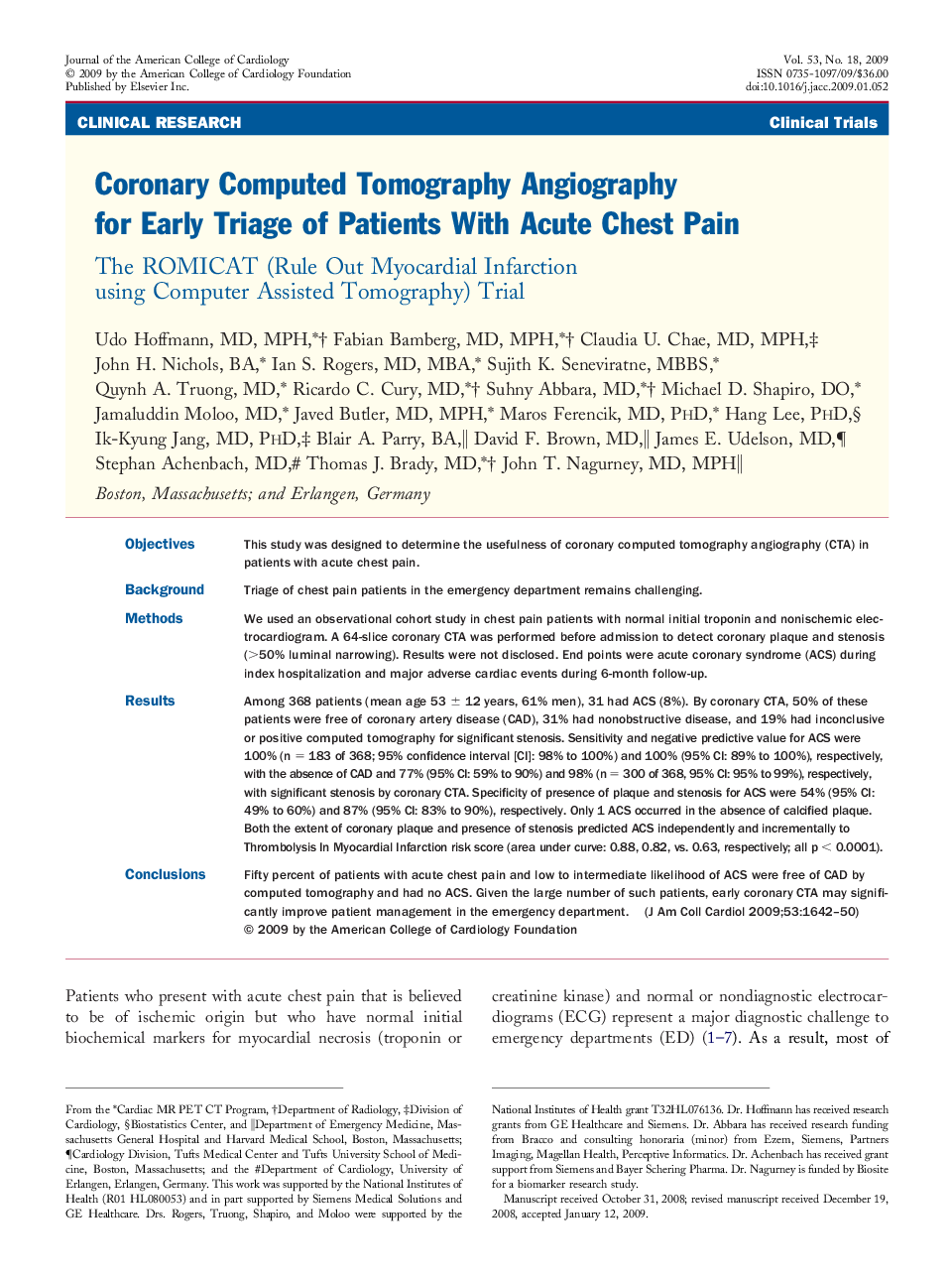 Coronary Computed Tomography Angiography for Early Triage of Patients With Acute Chest Pain : The ROMICAT (Rule Out Myocardial Infarction using Computer Assisted Tomography) Trial