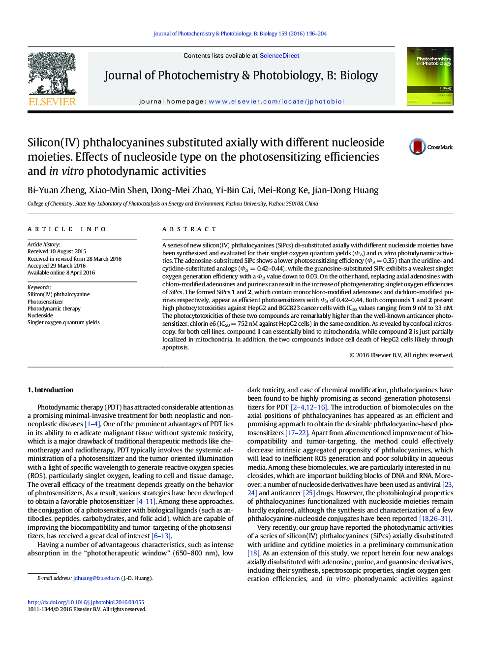 Silicon(IV) phthalocyanines substituted axially with different nucleoside moieties. Effects of nucleoside type on the photosensitizing efficiencies and in vitro photodynamic activities