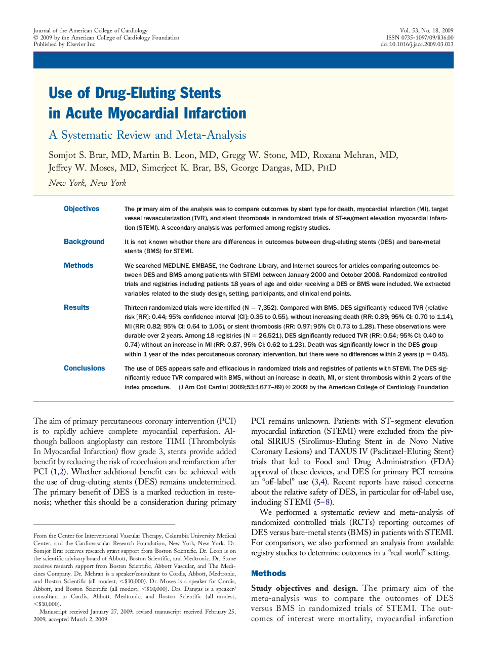 Use of Drug-Eluting Stents in Acute Myocardial Infarction : A Systematic Review and Meta-Analysis