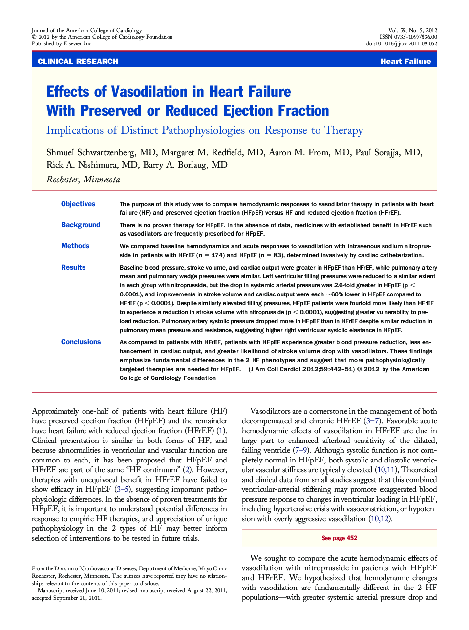 Effects of Vasodilation in Heart Failure With Preserved or Reduced Ejection Fraction : Implications of Distinct Pathophysiologies on Response to Therapy