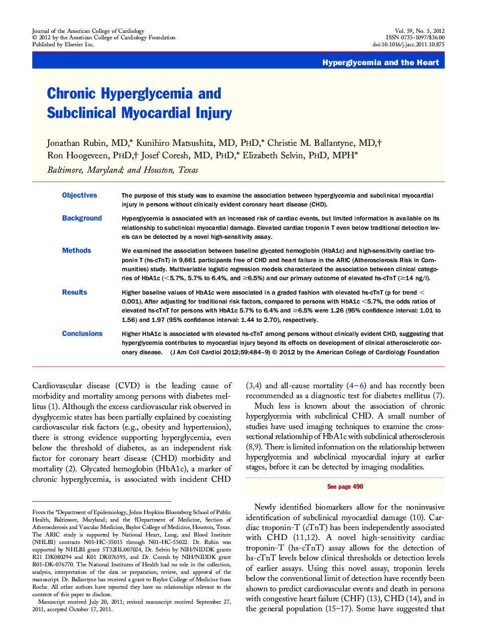 Chronic Hyperglycemia and Subclinical Myocardial Injury 