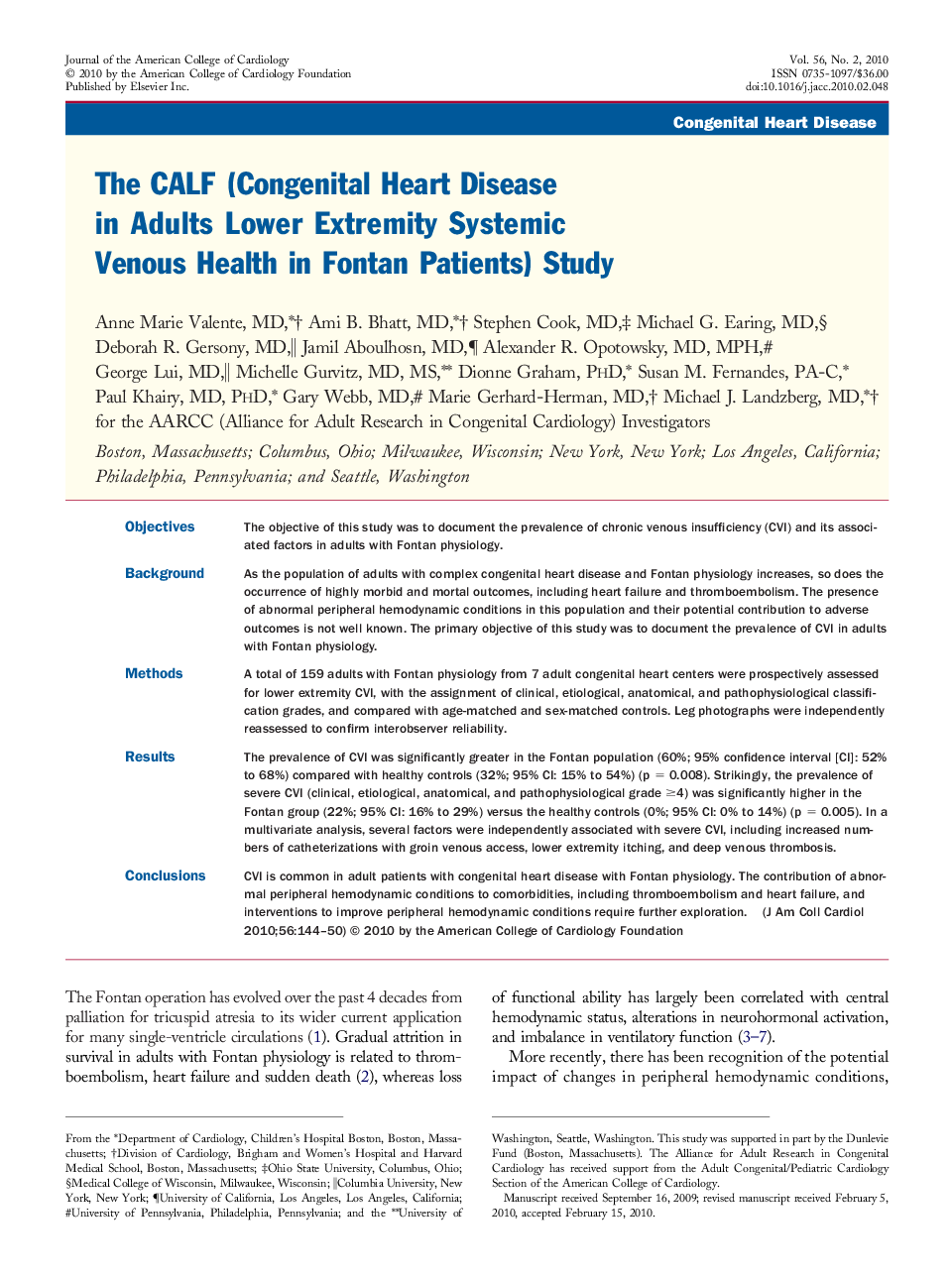 The CALF (Congenital Heart Disease in Adults Lower Extremity Systemic Venous Health in Fontan Patients) Study 