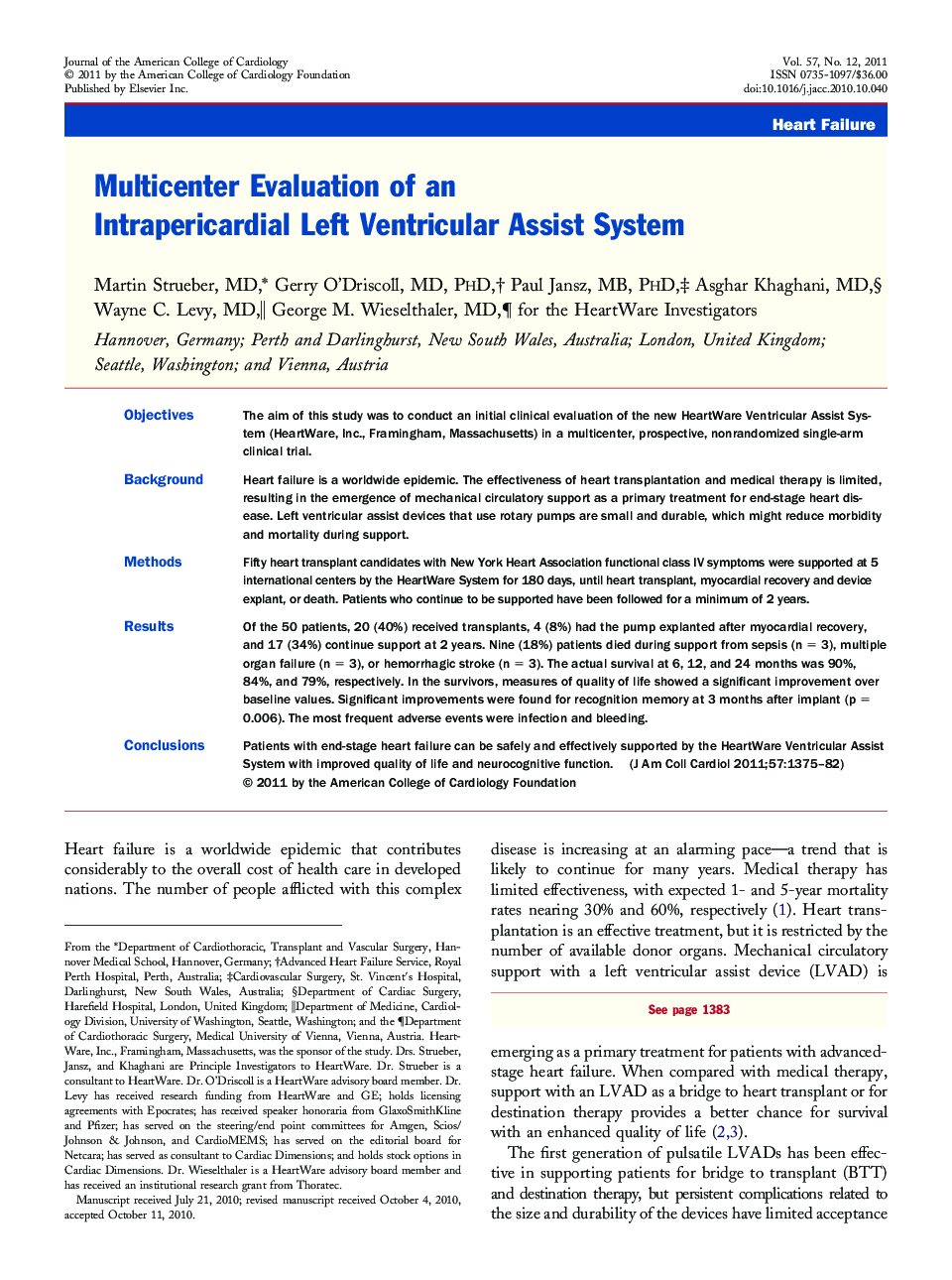 Multicenter Evaluation of an Intrapericardial Left Ventricular Assist System 