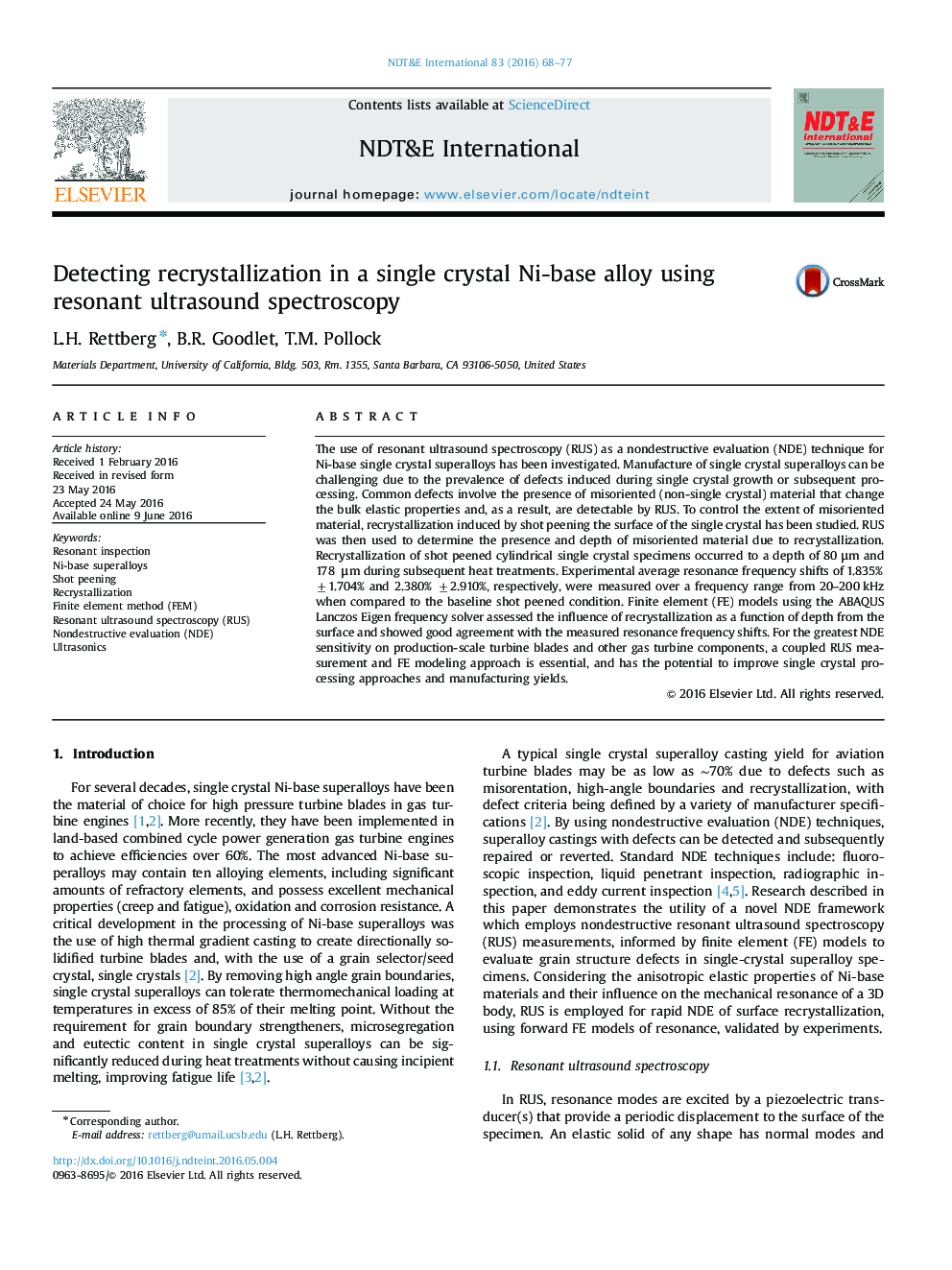 Detecting recrystallization in a single crystal Ni-base alloy using resonant ultrasound spectroscopy