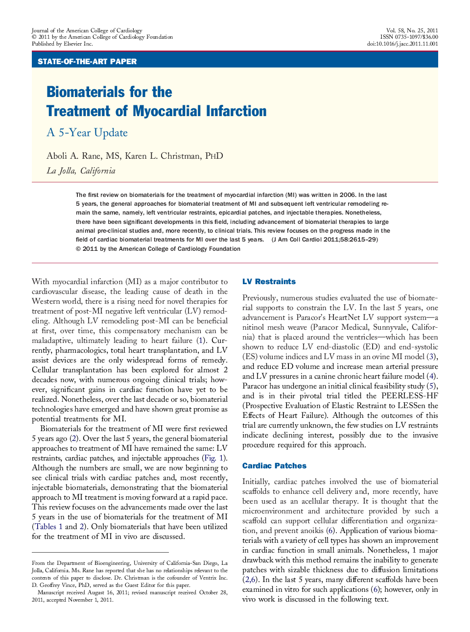 Biomaterials for the Treatment of Myocardial Infarction : A 5-Year Update