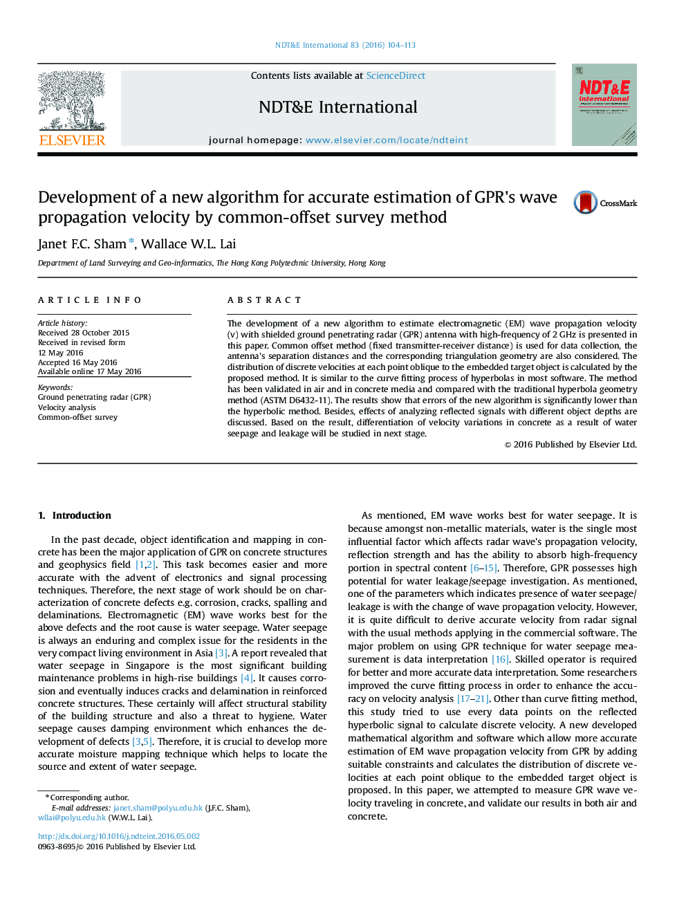 Development of a new algorithm for accurate estimation of GPR's wave propagation velocity by common-offset survey method