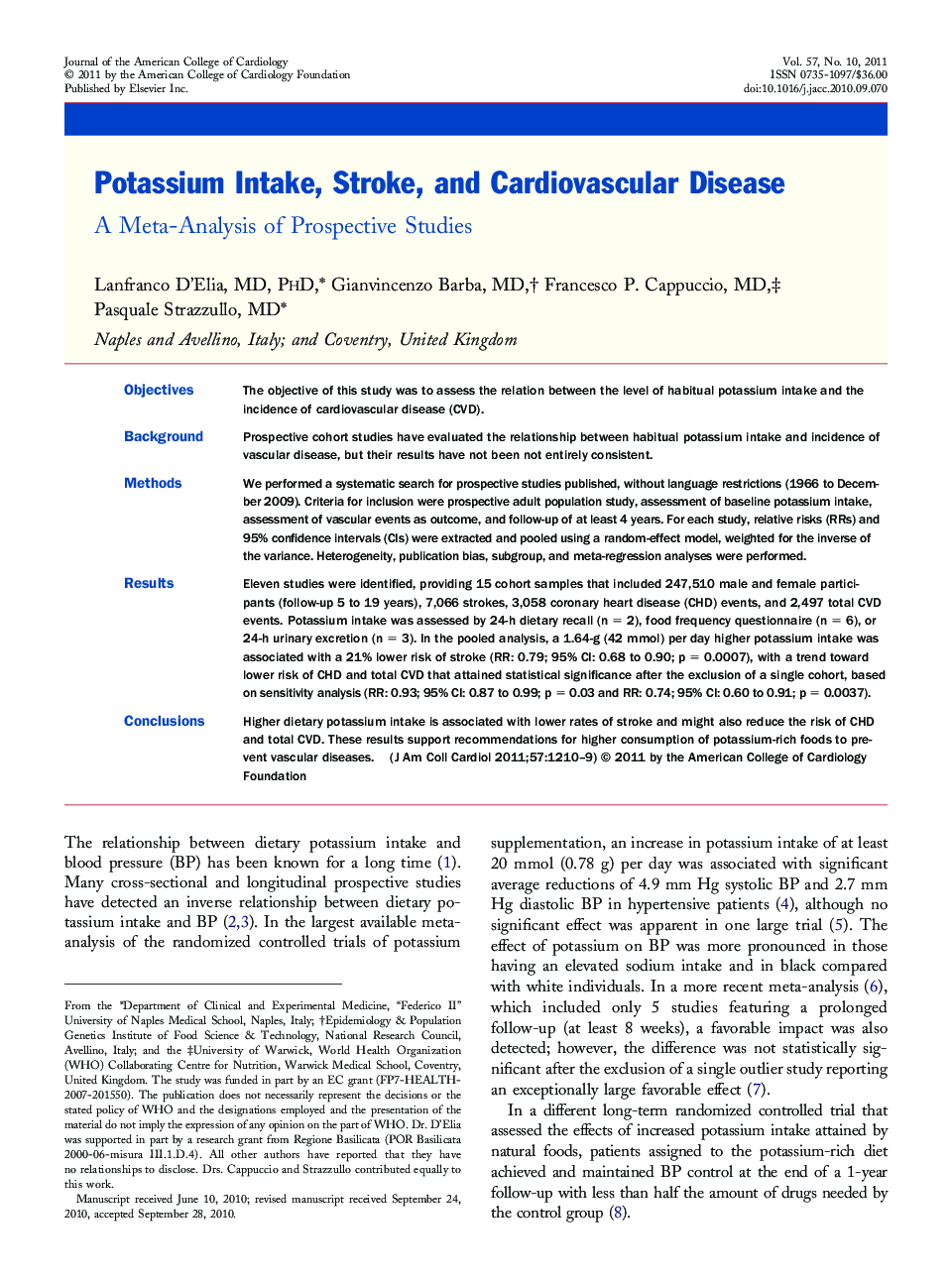 Potassium Intake, Stroke, and Cardiovascular Disease : A Meta-Analysis of Prospective Studies