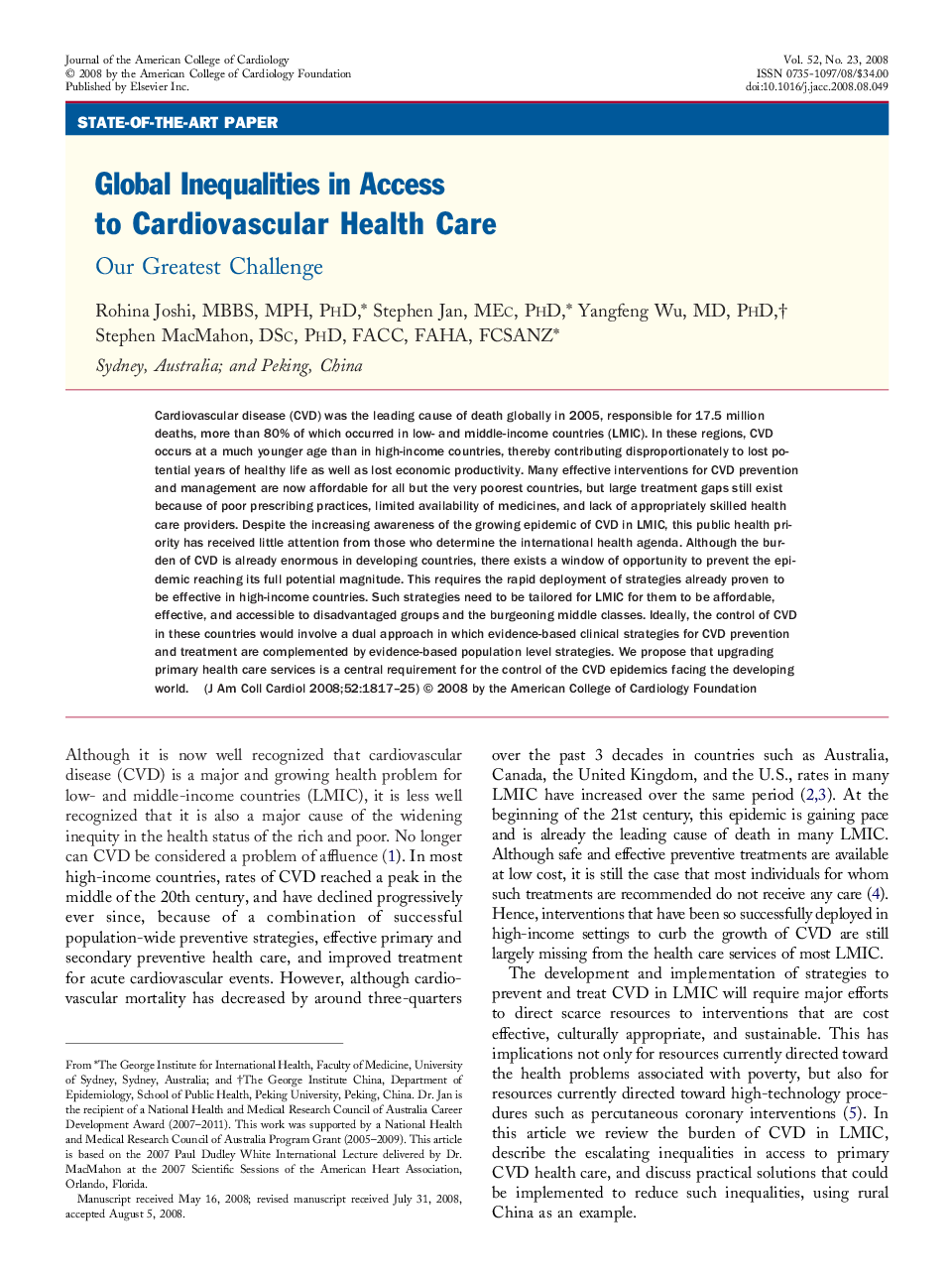 Global Inequalities in Access to Cardiovascular Health Care : Our Greatest Challenge