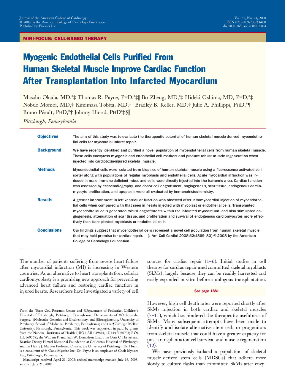 Myogenic Endothelial Cells Purified From Human Skeletal Muscle Improve Cardiac Function After Transplantation Into Infarcted Myocardium 