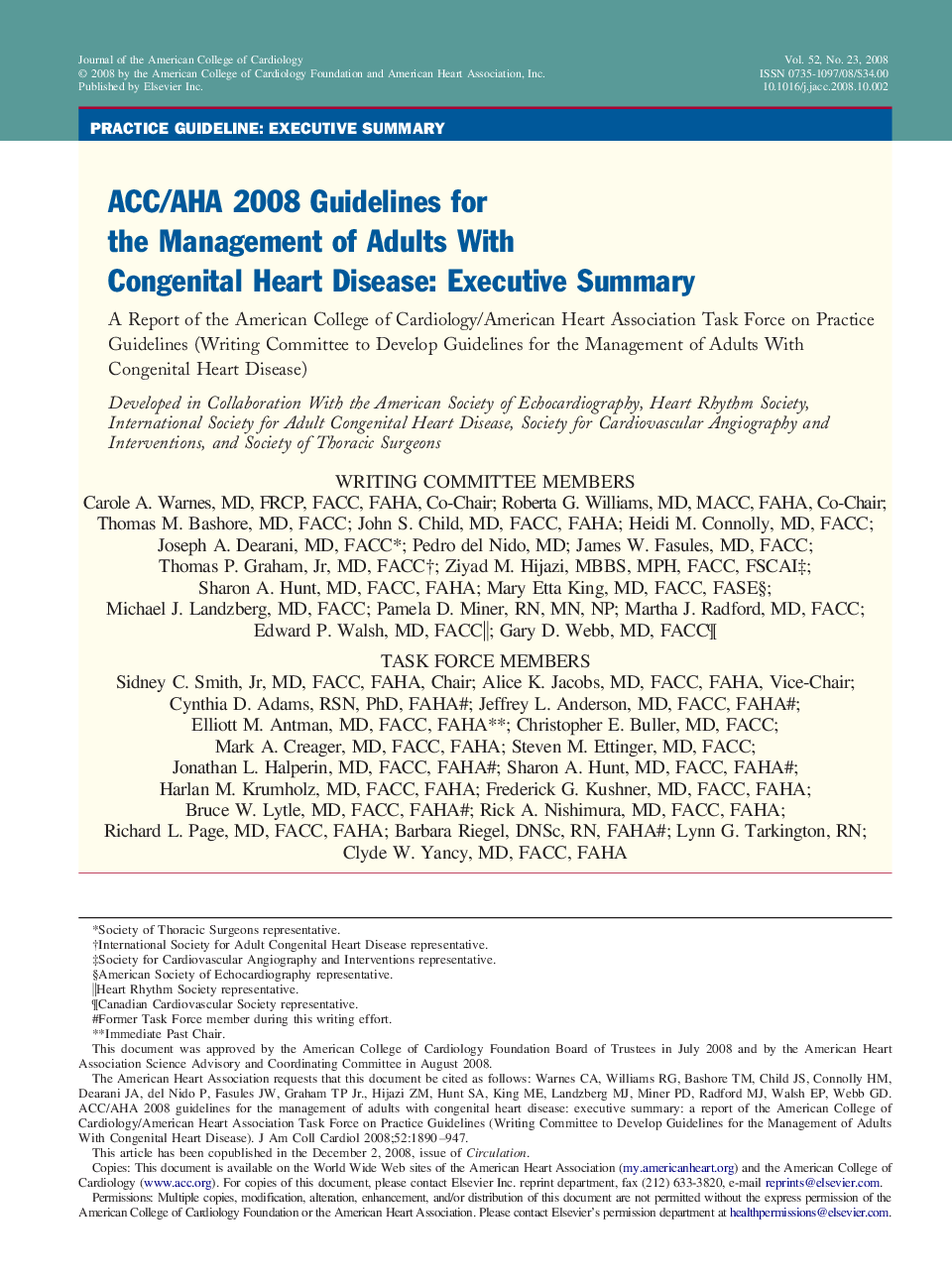 ACC/AHA 2008 Guidelines for the Management of Adults With Congenital Heart Disease: Executive Summary