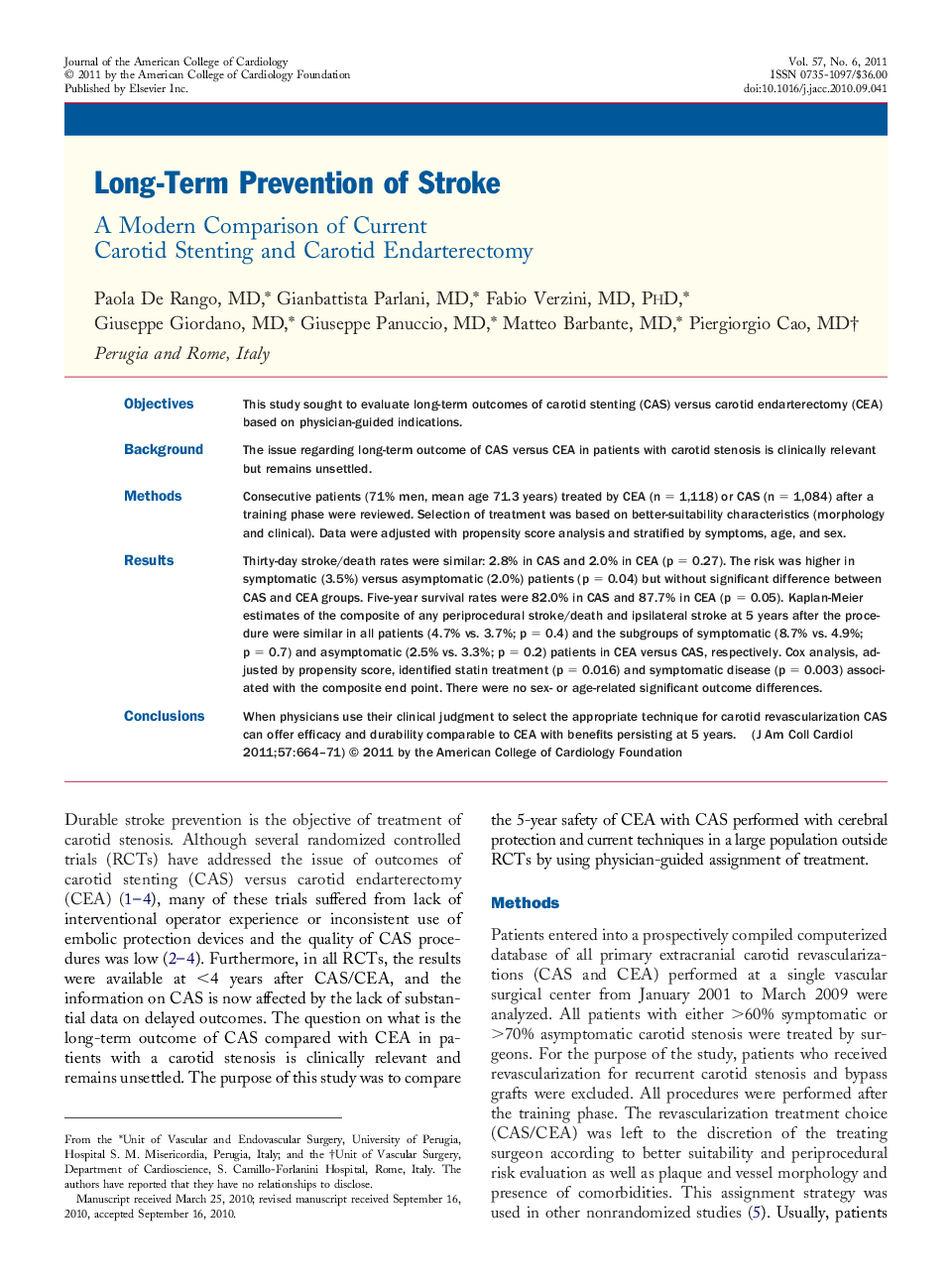 Long-Term Prevention of Stroke : A Modern Comparison of Current Carotid Stenting and Carotid Endarterectomy