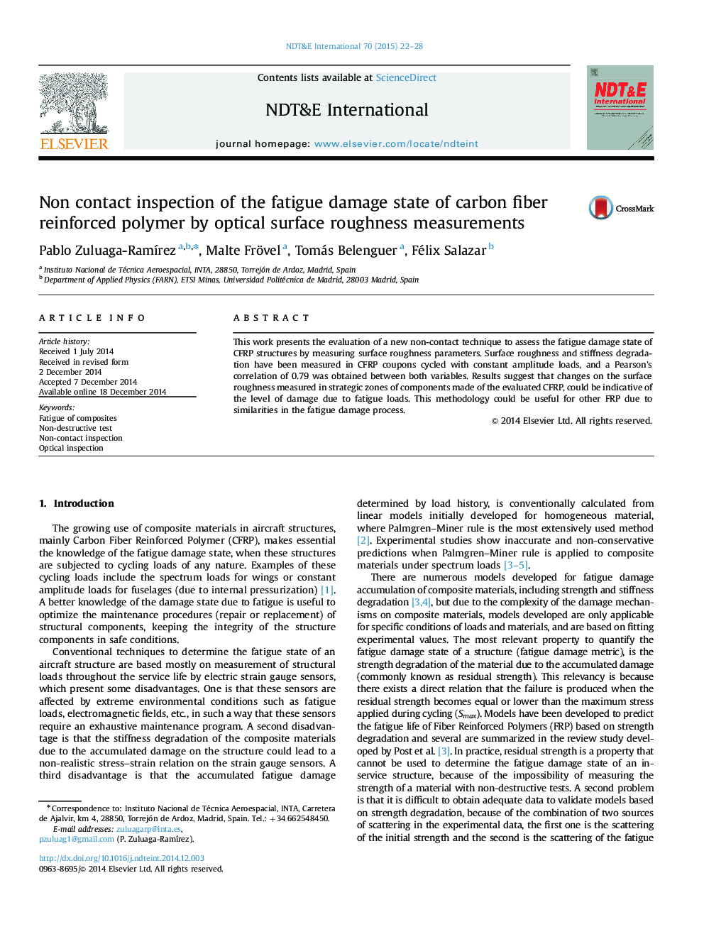 Non contact inspection of the fatigue damage state of carbon fiber reinforced polymer by optical surface roughness measurements