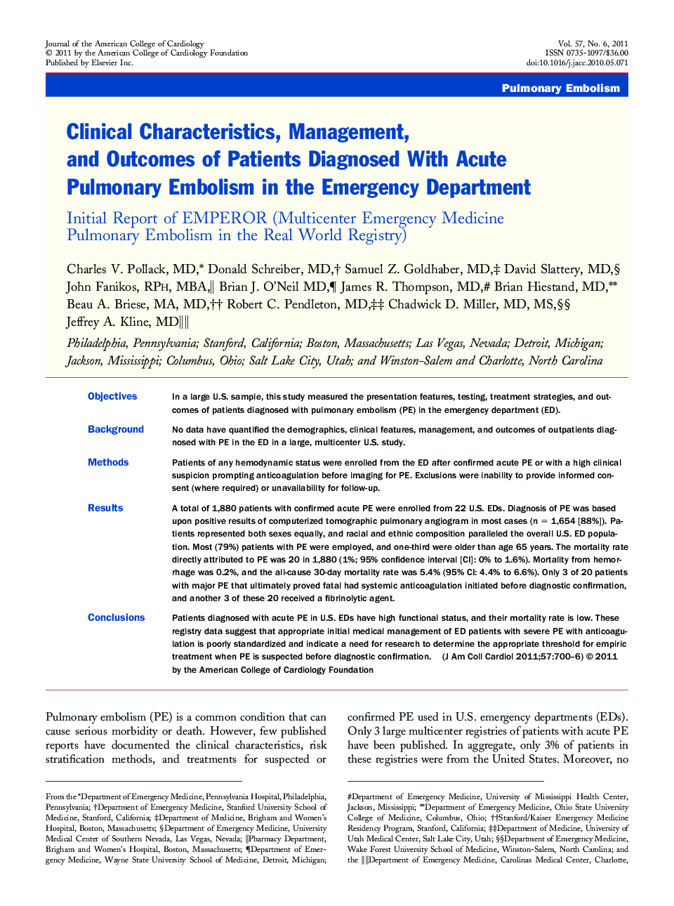 Clinical Characteristics, Management, and Outcomes of Patients Diagnosed With Acute Pulmonary Embolism in the Emergency Department : Initial Report of EMPEROR (Multicenter Emergency Medicine Pulmonary Embolism in the Real World Registry)