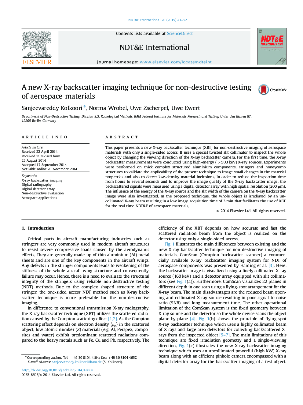 A new X-ray backscatter imaging technique for non-destructive testing of aerospace materials