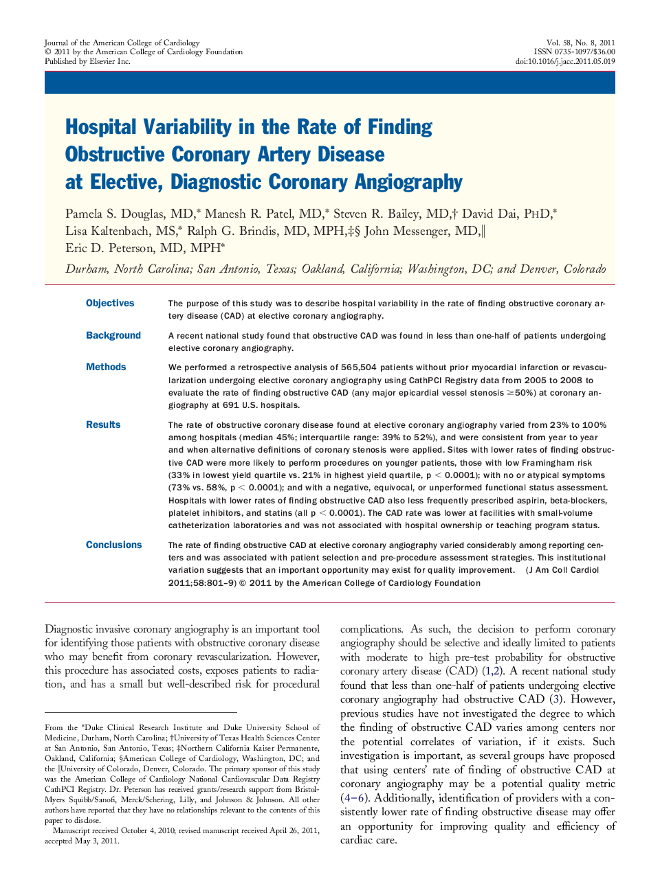 Hospital Variability in the Rate of Finding Obstructive Coronary Artery Disease at Elective, Diagnostic Coronary Angiography 