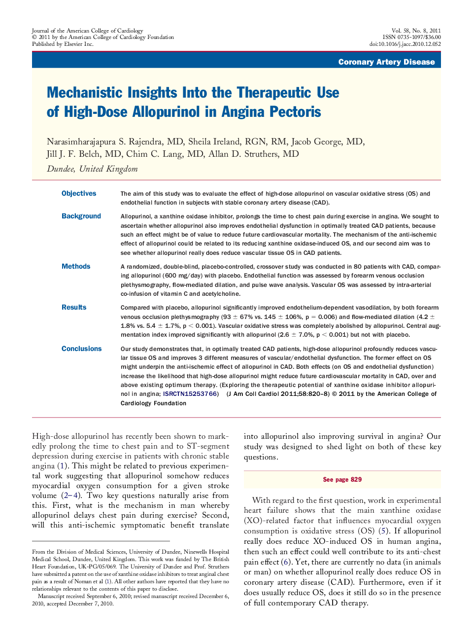 Mechanistic Insights Into the Therapeutic Use of High-Dose Allopurinol in Angina Pectoris 